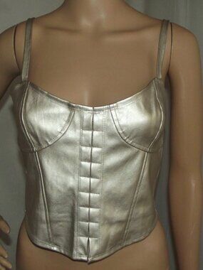 VIVID Corset Top Womens Jr XL gold champagne metallic faux leather crop tank